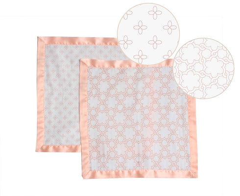 Bacati Petals/Floral Muslin with Sateen Trim, 2 Piece Security Blankets, Coral, 14" x 14"