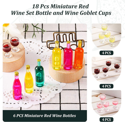 Sumind 18 Pieces Dollhouse Wine Bottles, Miniature Glass Goblet Cups, Red Wine Style Kitchen Accessories for Dollhouse