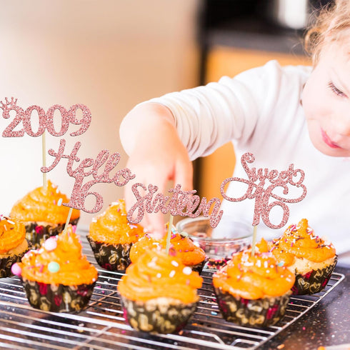 Gyufise 24 Pack Rose Gold Glitter 16th Birthday Cupcake Toppers, Hello Sweet 16 Sixteen Since 2009 Cake Decorations