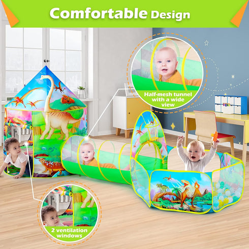 3PC Dinosaur Tent for Girls, Kids Ball Pit, Play Tents and Crawl Tunnel, Pink Pop Up Playhouse Toys