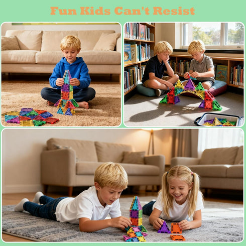 FEWOVUZ 26PCS Set 3+, Mini Magnetic Tiles Building Blocks with Portable Iron Case, STEM Travel Toys for Kids Ages