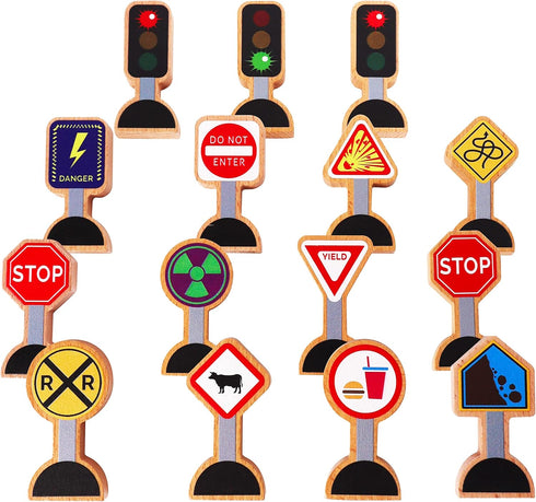 15 Pieces Wooden Traffic Signs for Kids, Zany Street Signs for Play Mats and Toy Trains, Educational Accessories