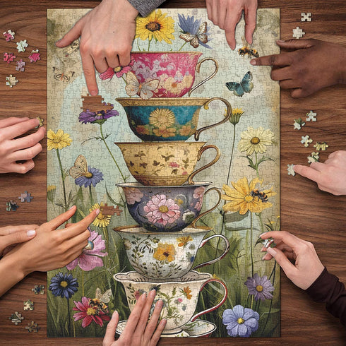 PPuzzling 1000 Vintage Flower Cup Puzzle for Adults Pieces, Nature Challenging Spring Floral Plant Puzzles, Retro Cups