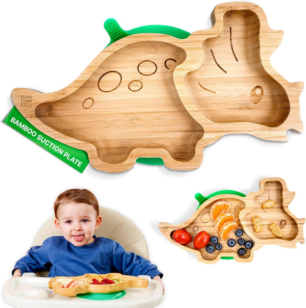 Bamboo Divided Suction Plates for Baby: Strong Non-toxic Eco-Friendly Materials - Dinosaur Design for Toddlers