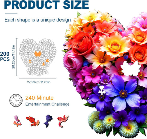 200 Wooden Puzzles for Adults, Heart Flower Piece Unique Shaped Wood Puzzle, Creative Wooden Jigsaw Puzzle Gift, Family