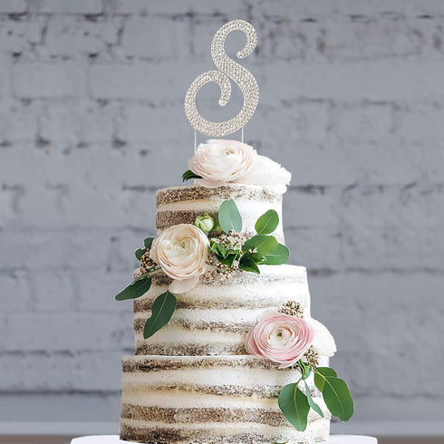 Letter S Cake Topper - Premium Silver Metal S Monogram Wedding or Anniversary Party Decoration with Rhinestone