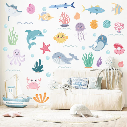 CELAENO Watercolor Ocean Animals Wall Decals - Peel and Stick Under the Sea Theme Wall Art for Kids Room, Bedroom