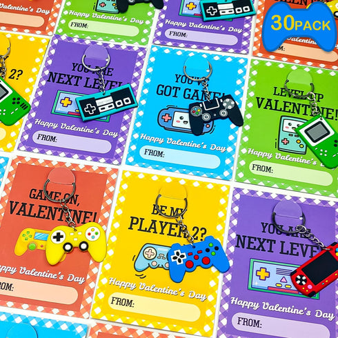 Valentines Day Gifts Cards for Kids Classroom - 30 Pack Video Games Keychains with Class Exchange Cards