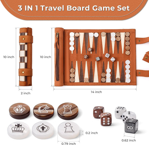 Woodronic 3 in 1 Travel Chess Set, Roll-up Leather Backgammon with 32 Premium Pearl Pieces, 5 Dices, Portable 13x10 Inch