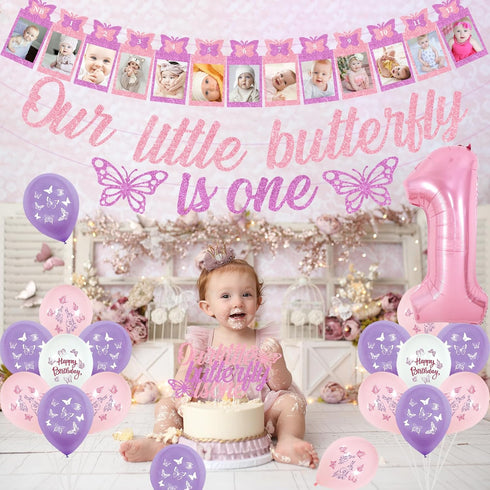 1st 1st Butterfly Birthday Decorations for Girls Pink Purple Our Little Butterfly is One Banner Cake Topper Photo