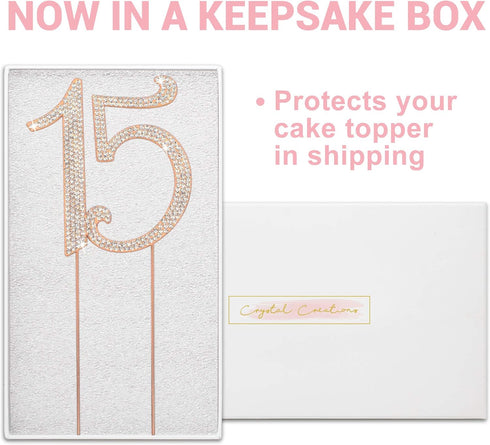 15 Cake Topper - Premium Rose Gold Metal, 15th Birthday or Anniversary Party, Sparkly Rhinestone Decoration, Protected