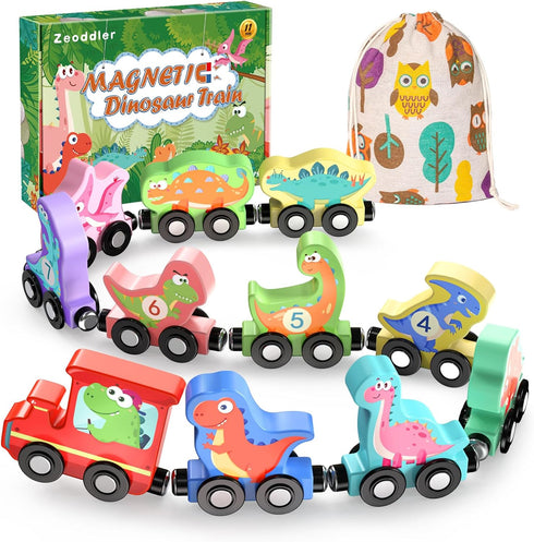 11 Magnetic Wooden Dinosaur Train Set, Montessori Educational Toys for Toddlers, Birthday Gifts for Kids