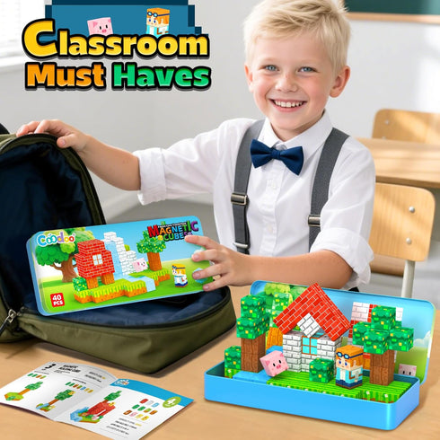 3+ Magnetic Blocks Kids Travel Toys with Portable Metal Tin Montessori Building Blocks STEM Magnet Magnetic Tiles