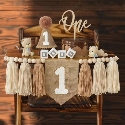 Boho Nude 1st Birthday Highchair Wood Bead Tassel Garland Conical Cap Wooden