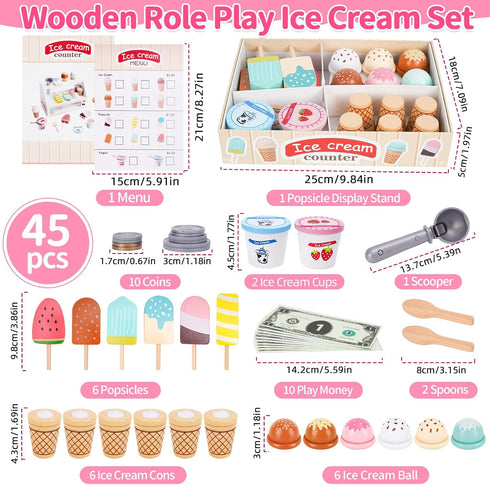 3-5, Sets 3 4 5 Wooden Ice Cream Toys for Toddlers Kids Wooden Toys Play Kitchen Accessories, Play Food for Kids