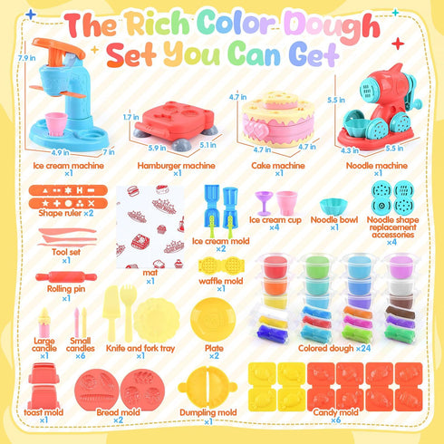 WeeHomm 4 1 Set 3+ 24 in Color Dough Kitchen Creations with Ice Cream/Cake/Noodle/Hamburger Maker Machine, Arts Crafts