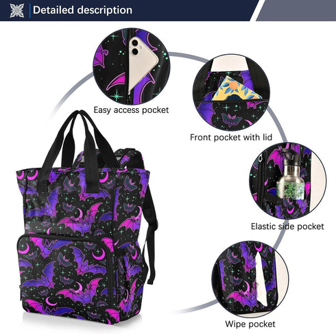 Backpack Backpacks MNSRUU Diaper Bag Purple Bat Gothic Diaper Bag Multifunction Travel Diaper Bag Tote Large Capacity
