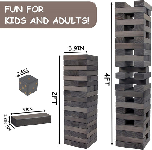 Juegoal Giant Tumble Tower Blocks Game, 54 Pieces Wood Stacking Game with Dice Set and Canvas Bag for Family Fun