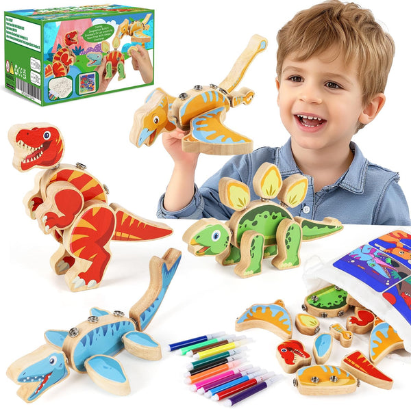 Dinosaur Wooden Toys,Snap on Dino Together Building Blocks,Take Apart Playset, STEM Montessori