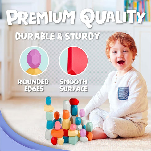 BUNMO Stacking Rocks 40pcs, Safe for Ages 1+, Montessori Toys for 1 Year Old, Wooden Stacking Blocks for Kids
