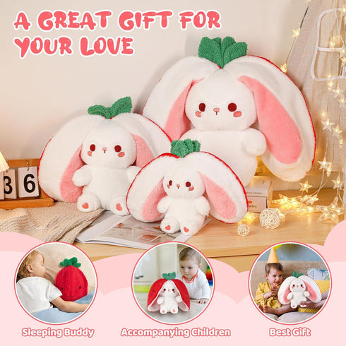 10-Inch Emoin Easter Reversible Bunny Stuffed Animal, Cute Strawberry-to-Bunny Transformed Plush Toy with Zipper, Soft