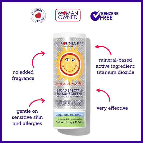 30+ 0.5oz California Baby Super Sensitive SPF Sunscreen Stick | Unscented Baby Sunscreen for Face + Body | Travel Size