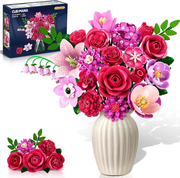 CUBIMANA Flowers Bouquet Building Set with LED - 21 Rose Red Botanical