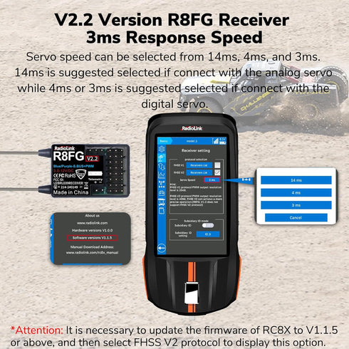 R8FG V2.2 8 2pcs, 2.4GHz 600m RC8X/RC6GS V3/RC4GS V3 Radiolink Channels Gyro Receiver Long Range Control Voltage