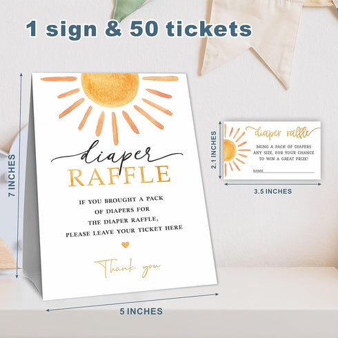 Shower(1 50 B13 Diaper Raffle Game Kit For Baby Standing Sign + Tickets) - Retro Sunshine Theme - Gender Reveal, Baby