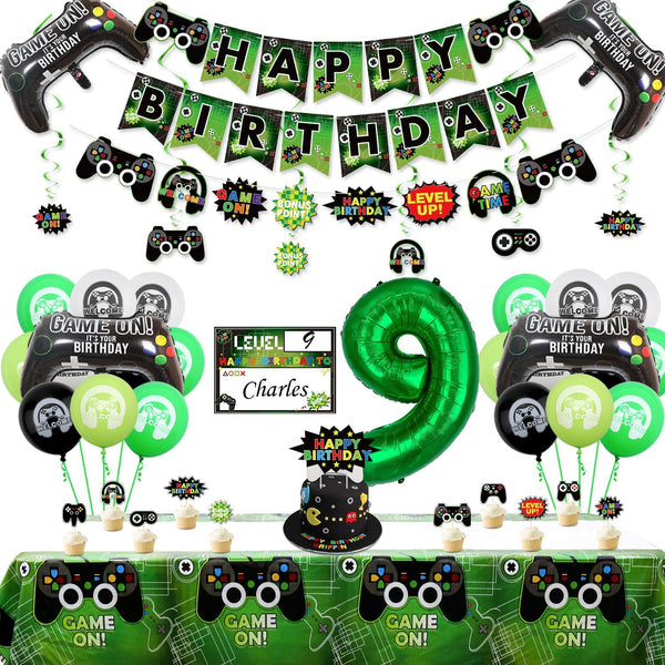 Video Game Birthday Party Decorations - 9th Birthday for Boys, Gaming Pattern Balloons, HAPPY BIRTHDAY Banner,