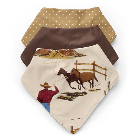 Sweet Jojo Designs 3 Pack Cowboy Baby Bandana Bibs - Newborn Infant Feeding Drool Red Blue Tan