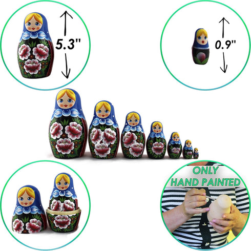 7 Nesting Babushka Dolls - Handmade Rose Hand-painted - Matruska Stacking Dolls - Munecas rusas - Home Decor
