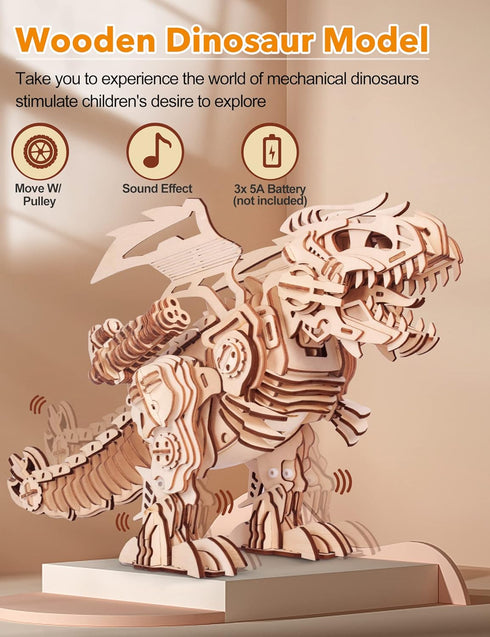 MIEBELY 3D Wooden Puzzles for Adults, T-Rex Dinosaur Model Kits that Walk and Roar, Mechanical Dinosaur Toys for Kids