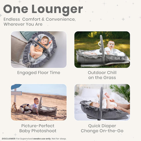 Nebulita 100% Newborn Lounger Leaf Gray - Flexible & Portable w/Infant Support Cushion, Soft & Breathable Cotton
