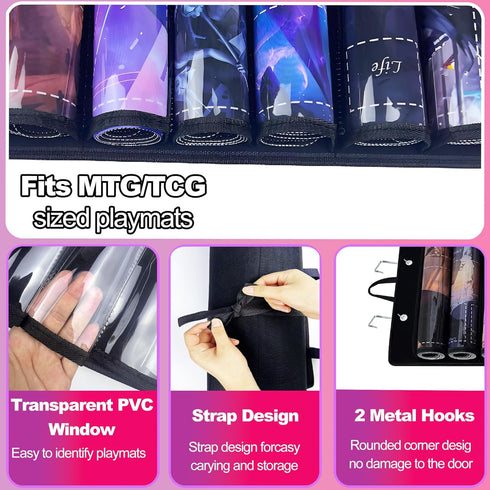 2 12+1 Playmat Holder, Playmat Tube Storage Bag for MTG with Hooks, Fits Game Mats & Tubes with Transparent Plastic