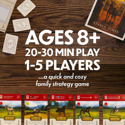 Cozy 8+, 1-5 20-30 Stable Times Family Card Game - Board Game for Kids and Adults with Real Unique Horses - Great