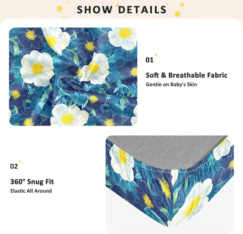 decor gift 1 Pack Woodblock Print Style Blue White Flowers Crib Sheets for Baby Boys Girls Cotton Baby Playard Sheet