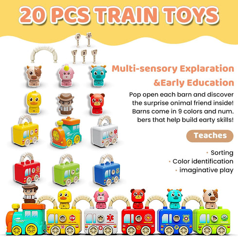 2 3 4 Set 6 Montessori Train Toys for Year Olds - Toddler Learning Train with Lights & Sounds, Vehicle Transport, Lock