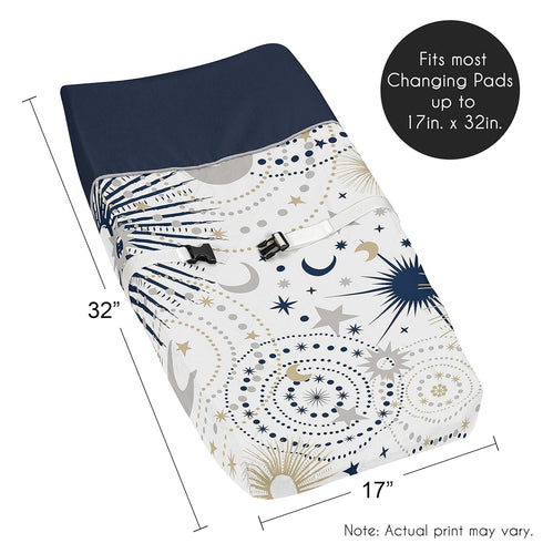 Sweet Jojo Designs Star and Moon Boy or Girl Baby Nursery Changing Pad Cover - Navy Blue, Gold, and Grey Celestial Sky