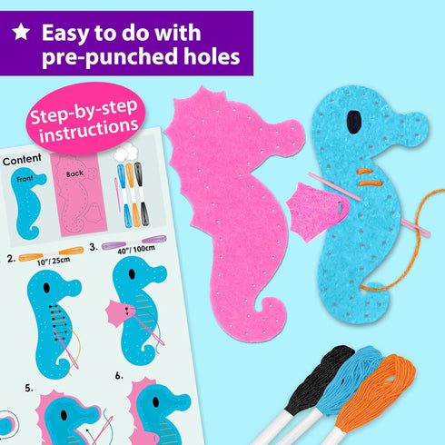 7 KRAFUN Mermaid Sea Animals Beginner Sewing Kit for Kids Art & Craft kit, Includes Soft Plush Dolls, Instructions