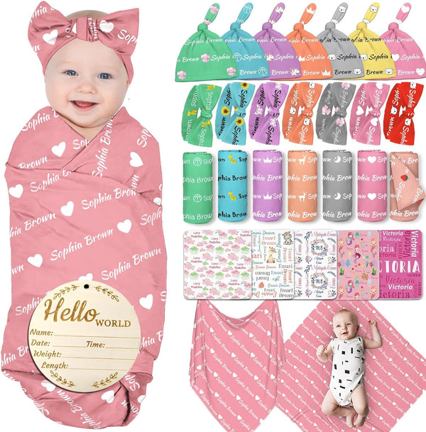 GBVllexuii Personalized Baby Girl Boy Swaddle Blanket with Bow Headband and Hat Set