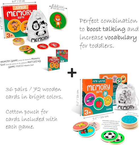 Cottify 2-Pack Wooden Memory Matching Game for Toddlers, Durable Memory Game for Kids 3-5 Years, 72 Cards