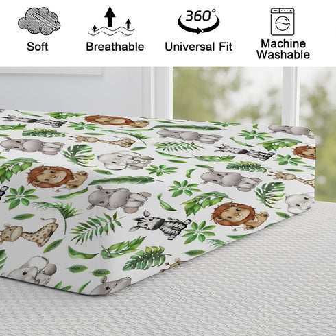 Baby Safari Animals Changing Pad Covers with Tropical Leaves, Soft Breathable Stretch for Diaper Change Table 32''x16''