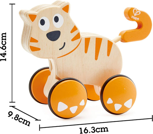 Hape Dante Push and Go Wooden Toy, Release & Go Cat Toddler Toy with Wheels