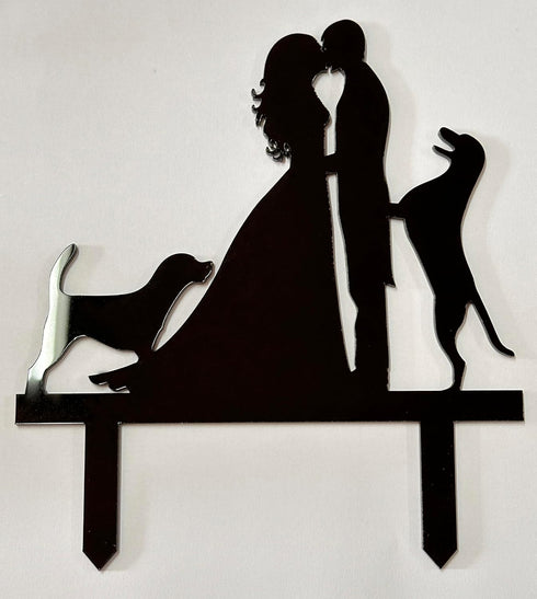 Wedding Anniversary Cake Topper Decoration, Couple Silhouette Bride Groom with 2 Dogs (Black)