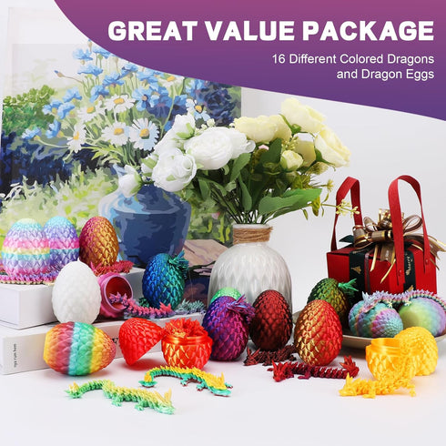 Apear1 16 3D 3D 3D Set (16 Pcs Printed Dragon Eggs with Dragon Inside, Mini Dragon Egg Fidget Toy Articulated Crystal