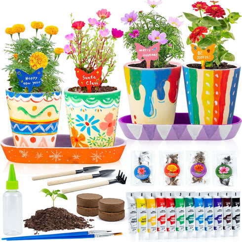 RGBDOT Set 4 8-12 5 6 7 8 9 10 Kids Gardening Paint and Plant Stoneware Flower Gardening Kit with Pots Arts and Crafts