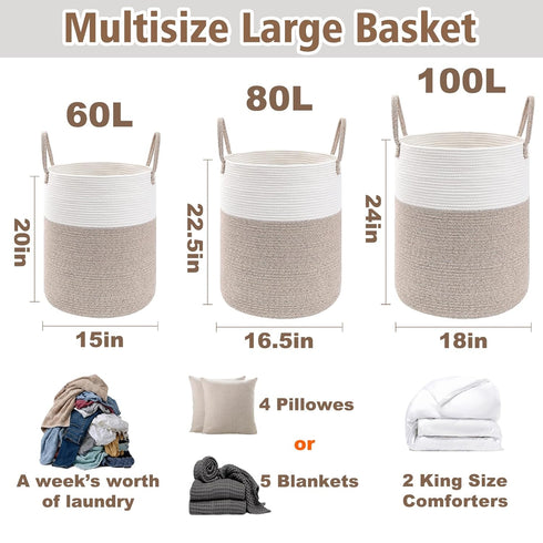 Hamper,60L JMvicyroam Large Woven Laundry Basket Cotton Rope Storage Bin for Blankets,Toys and Clothes,Decorative Tall