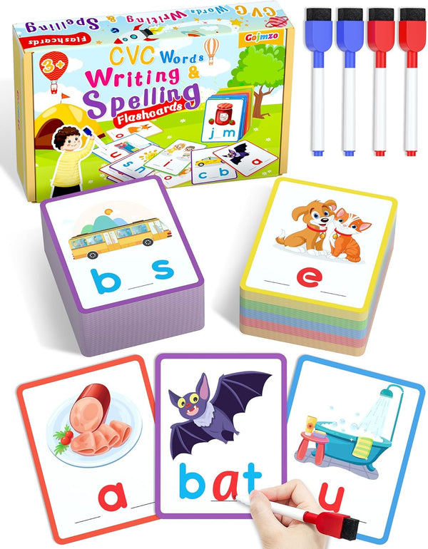 Gojmzo CVC Word Writing & Spelling Flash Cards, Preschool Learning Activities for Kindergarten Homeschool Supplies