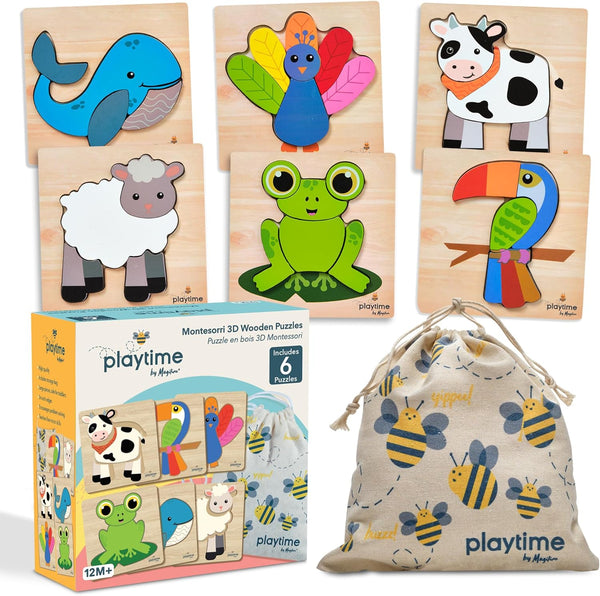 Magifire Wood Puzzles for Toddlers 1-3, Set of 6 Montessori Toys with Large Pieces, Includes Storage Bag